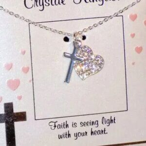 New $59 Crystal Kingdom Fine Silver Plated, Crystal Heart & Cross Faith Necklace